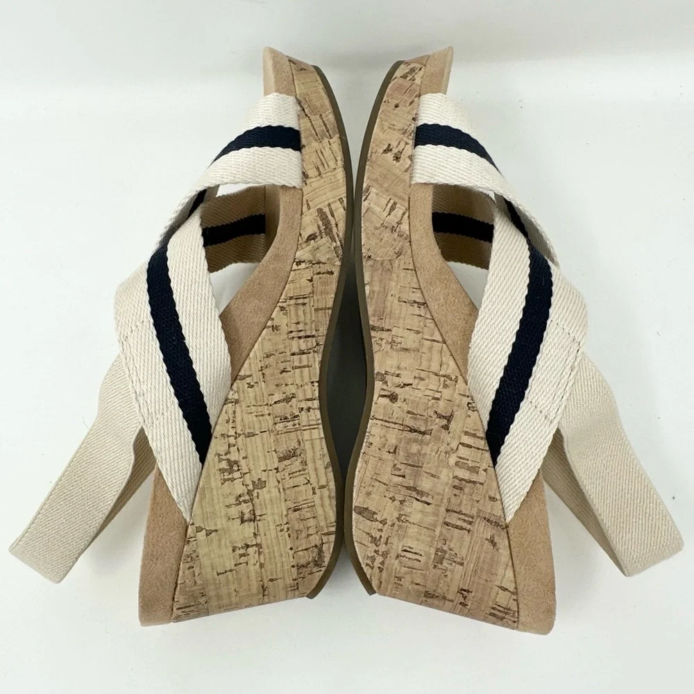 LifeStride Dream Big Women's Strappy Wedge Sandals Almond Navy Blue Size 8